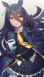  1girl :d animal_ears belt black_gloves black_hair black_legwear blush choker coat coffee cup earrings gloves hair_between_eyes holding holding_cup horse_ears jewelry long_hair looking_at_viewer manhattan_cafe_(umamusume) mckeee mug necktie pleated_skirt skirt smile solo umamusume yellow_eyes 