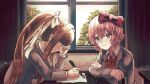  2girls blue_eyes bow brown_hair chair classroom closed_mouth crossed_arms curtains desk doki_doki_literature_club green_eyes long_hair monika_(doki_doki_literature_club) multiple_girls nervous paper pen pink_hair ponytail red_bow ribbon sabania_404 sayori_(doki_doki_literature_club) school school_desk school_uniform short_hair sitting smile sweat white_ribbon window writing 