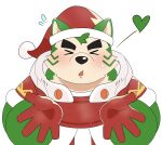  &lt;3 amiami_1125 anthro blowing_kiss blush canid canine canis christmas christmas_clothing christmas_headwear clothing domestic_dog embarrassed eyebrows fur gloves green_body green_fur handwear hat headgear headwear hi_res holidays lifewonders live-a-hero male mammal mokdai santa_hat solo thick_eyebrows video_games 