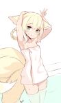  1girl animal_ears arknights armpits blonde_hair blush braid closed_mouth embarrassed flat_chest fox_ears fox_tail green_eyes hand_up hands_up jalm looking_at_viewer multiple_tails naked_towel smile solo suzuran_(arknights) tail towel w wading wet 