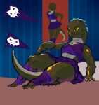  anthro beckoning bedroom_setting cheerleader cheerleader_outfit clothing crocodilian female gesture greenpolygon hi_res pinup pose poster purple_clothing reptile reptoid scalie solo thick_tail thick_thighs 