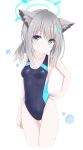  1girl adjusting_clothes adjusting_swimsuit animal_ear_fluff animal_ears black_swimsuit blue_archive blue_eyes breasts commentary_request competition_swimsuit cowboy_shot grey_hair highleg highleg_swimsuit highres langley1000 looking_at_viewer medium_hair one-piece_swimsuit shiroko_(blue_archive) simple_background small_breasts solo standing swimsuit white_background 