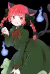  1girl :d animal_ears bangs bent_over black_background blunt_bangs blurry blush bow breasts cat_ears cat_tail commentary cowboy_shot dress eyebrows_visible_through_hair fang fingernails frills green_bow green_dress hair_bow hair_ribbon hand_up highres hitodama juliet_sleeves kaenbyou_rin long_fingernails long_hair long_sleeves looking_at_viewer medium_breasts multiple_tails nekomata paw_pose ponta_(wwtaimeww) puffy_sleeves red_eyes red_hair red_neckwear red_ribbon ribbon simple_background sleeves_past_wrists smile solo tail tareme touhou tress_ribbon twintails two_tails 