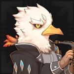  1boy beak bird eagle long_sleeves looking_to_the_side lowres male_focus official_art personification polygon_project solo virtual_youtuber white_feathers xnu_n yellow_eyes 