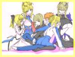  1boy 5girls ahoge artoria_pendragon_(fate) artoria_pendragon_(lancer)_(fate) artoria_pendragon_(lancer_alter)_(fate) bangs bare_back bare_shoulders blonde_hair blouse blue_gloves blue_legwear blue_leotard blush bow braid breasts cape cleavage crown dark_persona dress emiya_shirou eyebrows_visible_through_hair fate/grand_order fate/hollow_ataraxia fate/stay_night fate/unlimited_codes fate_(series) french_braid fur-trimmed_cape fur_trim gloves gothic_lolita green_eyes hair_between_eyes hair_bow hair_bun hair_ribbon harem holding holding_hands horns large_breasts leotard lolita_fashion long_hair mtrsmtrs multiple_girls navel orange_hair platinum_blonde_hair ponytail raglan_sleeves revealing_clothes ribbon saber saber_alter saber_lily shirt short_hair sidelocks skirt smile swept_bangs thighhighs underboob white_shirt yellow_eyes 