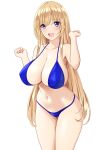  1girl :d absurdres bangs bare_arms bare_shoulders bikini blonde_hair blue_bikini blush breasts cleavage collarbone cowboy_shot eyebrows_visible_through_hair hands_up highres huge_breasts long_hair looking_at_viewer marui_koishi navel open_mouth original purple_eyes simple_background smile solo straight_hair swimsuit thighhighs very_long_hair white_background 