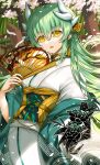  1girl bangs cherry_blossoms commentary_request dragon_horns eyebrows_visible_through_hair fate/grand_order fate_(series) floral_print folding_fan green_hair hand_fan highres horns japanese_clothes kimono kiyohime_(fate) long_hair long_sleeves looking_at_viewer morizono_shiki parted_lips petals smile solo white_kimono wide_sleeves yellow_eyes 