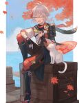  1boy :d ^_^ ^o^ absurdres ahoge alca8811 animal autumn_leaves bandaged_hand bandages bangs blurry blurry_background box cat closed_eyes cloud commentary_request crossed_bangs elbow_on_knee facing_viewer genshin_impact hair_between_eyes highres holding holding_leaf horizon kaedehara_kazuha leaf male_focus maple_leaf mixed-language_commentary multicolored_hair ocean open_mouth partial_commentary short_hair silver_hair sitting smile solo streaked_hair tree 