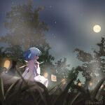  1girl artist_name black_cat blue_bow blue_eyes blue_hair blurry bow cat cirno depth_of_field dutch_angle from_behind full_moon hair_bow highres ice ice_wings lantern lbcirno9 moon night night_sky outdoors profile scenery sky solo star_(sky) topless touhou tree wings 