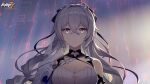  1girl absurdres bangs bare_shoulders breasts bronya_zaychik bronya_zaychik_(silverwing:_n-ex) cleavage closed_mouth dress earrings grey_eyes grey_hair hair_between_eyes hair_ornament highres honkai_(series) honkai_impact_3rd jewelry long_hair looking_at_viewer official_art white_dress 