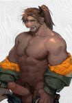  abs absurd_res anthro balls brown_body brown_fur catoblepas_(tas) clothing erection fur genitals hair hi_res horn lifewonders male muscular muscular_anthro muscular_male navel neilos0526 nipples pecs penis ponytail pubes solo tokyo_afterschool_summoners undressing video_games 