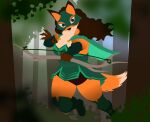  anthro bow canid canine clothing curled_hair female forest forest_background fox gloves greenpolygon hair handwear hexley hexley_fox hi_res hunter leap mammal mask nature nature_background plant rogue solo thick_thighs tree 