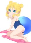  1girl :d absurdres arm_support ball bare_shoulders barefoot beachball blonde_hair blue_eyes blue_swimsuit chloe_(maidragon) closed_mouth double_bun eyebrows_visible_through_hair highres kobayashi-san_chi_no_maidragon looking_at_viewer medium_hair one-piece_swimsuit saeki_tatsuya school_swimsuit shiny shiny_skin smile solo swimsuit towel 