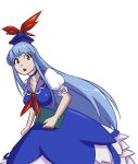  1girl bangs blue_dress blue_hair blue_headwear blue_ribbon book bow breasts collarbone collared_dress cowboy_shot david_hrusa dress frilled_dress frills hat holding holding_book kamishirasawa_keine long_hair medium_breasts neck_ribbon neckerchief open_mouth puffy_short_sleeves puffy_sleeves red_bow red_eyes red_neckerchief ribbon short_sleeves sidelocks simple_background touhou very_long_hair white_background white_sleeves 