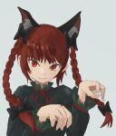  1girl animal_ear_fluff animal_ears bangs black_bow bow braid cat_ears closed_mouth commentary dress extra_ears eyebrows_visible_through_hair fang fang_out green_dress grey_background hair_bow hair_ribbon hands_up highres juliet_sleeves kaenbyou_rin kiritanpo117 light_smile long_hair long_sleeves looking_at_viewer paw_pose puffy_sleeves red_eyes red_hair red_ribbon ribbon simple_background solo touhou tress_ribbon tsurime twin_braids twintails upper_body 