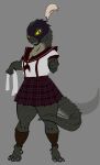  absurd_res anthro clothing feathers female greenpolygon hi_res mask plaid reptoid scales scalie school_uniform solo uniform 