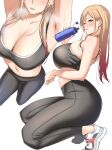 1girl alternate_costume arms_up blonde_hair blush bottle breasts breath cleavage collarbone ear_piercing earrings fake_nails from_above from_side full_body grey_pants grey_sports_bra head_out_of_frame highres holding holding_bottle ichinose_(ichinose1592) jewelry kitagawa_marin large_breasts long_hair midriff multiple_views navel pants parted_lips piercing pink_hair pink_nails red_eyes shoes simple_background skindentation sneakers sono_bisque_doll_wa_koi_wo_suru sports_bra sportswear stomach straight_hair sweat water_bottle white_background yoga_pants 