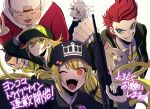  1girl 5boys ;d arisugawa_saori backwards_hat badge baseball_cap black_headwear blazbluefairy blonde_hair blue_eyes brown_hair button_badge cat clenched_hand closed_eyes daimon_manami facing_viewer green_headwear grin gun hat holding holding_gun holding_weapon hood hood_down hoodie jacket jewelry kamiya_shun light_brown_hair long_hair looking_at_viewer mita_santarou mole mole_under_eye mouth_hold multiple_boys necklace nekomaru_(tribe_nine) one_eye_closed orange_eyes red_hair red_hoodie shirokane_haru smile taiga_(tribe_nine) tribe_nine weapon white_background white_hair white_headwear 