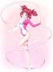  1girl athletic_leotard commentary_request commission full_body gymnastics gymnastics_ribbon highres leotard long_sleeves looking_at_viewer momomiya_ichigo red_eyes red_hair rhythmic_gymnastics ribbon_baton shirato_sayuri smile solo tokyo_mew_mew twintails two-tone_leotard 