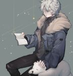  1boy animal_ears arknights bags_under_eyes bear bear_boy bear_ears bishounen book fur_collar grey_eyes grey_hair headpat highres jacket jaye_(arknights) male_focus reading short_hair simple_background sitting sleepy sweater tired turtleneck turtleneck_sweater yukinohito_(koutyanomitai) 