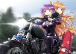  3girls arms_behind_back biker_clothes bikesuit blonde_hair blurry blurry_background bodysuit bow breasts catsuit character_request cirno cleavage closed_mouth driving fujiwara_no_mokou gradient_hair ground_vehicle hair_bow ishii_hisao large_breasts long_hair long_sleeves motion_blur motor_vehicle motorcycle multicolored_hair multiple_girls orange_eyes pants purple_bodysuit purple_hair red_eyes red_pants sidesaddle smile smug sunglasses touhou white_bow 