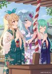  3girls :d :o bangs blonde_hair blue_eyes blue_kimono blush brown_eyes closed_eyes elira_pendora eyebrows_visible_through_hair finana_ryugu flower furisode green_kimono green_ribbon hair_behind_ear hair_flower hair_ornament hair_over_one_eye hair_ribbon head_fins highres japanese_clothes kimono lazulight looking_up multiple_girls neck_tattoo nijisanji nijisanji_en obi official_art open_mouth own_hands_together pomu_rainpuff ribbon sash shiromikan smile tattoo virtual_youtuber white_flower white_kimono 