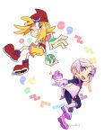  2girls amitie_(puyopuyo) black_pants black_shirt blonde_hair blue_legwear cape closed_mouth cube multiple_girls open_mouth pants phuijl pink_footwear pink_shirt puyopuyo red_footwear red_headwear shirt shorts slime_(substance) tetris toon_(style) white_cape white_hair yellow_shorts 