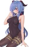  absurdres ahoge bangs bare_arms bare_shoulders black_legwear black_leotard blue_hair blush bodystocking bodysuit bow breasts covered_navel ganyu_(genshin_impact) genshin_impact gold_trim highres horns leotard leotard_under_clothes long_hair looking_at_viewer looking_to_the_side medium_breasts moriyama_a no_gloves purple_eyes sidelocks sitting sleeveless solo thighlet white_background yokozuwari 