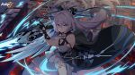  1girl absurdres bangs bare_shoulders black_gloves breasts bronya_zaychik bronya_zaychik_(silverwing:_n-ex) cleavage dress drill_hair gloves grey_eyes grey_hair gun hair_between_eyes hair_ornament highres holding holding_gun holding_weapon honkai_(series) honkai_impact_3rd large_breasts long_hair official_art open_mouth single_glove single_sleeve single_thighhigh solo thighhighs twin_drills weapon white_dress white_legwear white_sleeves 