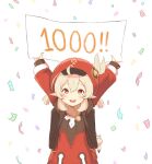  1girl :d backpack bag blonde_hair blush confetti genshin_impact hat holding holding_sign jalm klee_(genshin_impact) looking_at_viewer milestone_celebration open_mouth pointy_ears red_headwear sign smile solo 