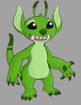  2022 4_toes alien antennae_(anatomy) black_eyes claws dipstick_antennae disney experiment_(lilo_and_stitch) fan_character fangs feet fur green_body green_claws green_fur green_nose green_pawpads grey_background head_tuft lilo_and_stitch mr-haitch multicolored_antennae open_mouth open_smile pawpads simple_background smile solo standing toe_claws toes tuft 