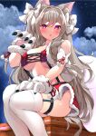  1girl animal_ear_fluff animal_ears animal_hands azur_lane bare_shoulders bow braid brown_hair chimney claw_pose claws clothing_cutout cloud cloudy_sky collarbone covered_nipples crack eyebrows_visible_through_hair eyelashes eyes_visible_through_hair fang fur_trim hair_bow highres light_brown_hair long_eyelashes long_hair multicolored_eyes open_mouth outdoors purple_eyes red_ribbon ribbon ryoutsu shoulder_cutout sitting skindentation sky solo star_(sky) starry_sky thighhighs tongue triangle_mouth twintails very_long_hair white_bow white_legwear yellow_eyes yuudachi_(azur_lane) 