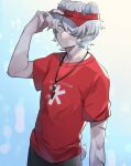  1boy animal_ears arknights bandaid bandaid_on_hand bear_boy bear_ears bear_tail english_text grey_eyes grey_hair hand_up hat highres jaye_(arknights) jaye_(beach_guard)_(arknights) male_focus one_eye_covered red_shirt scar shirt short_hair shorts simple_background solo tail upper_body visor_cap whistle whistle_around_neck yukinohito_(koutyanomitai) 