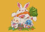  2boys :q animal animal_costume animal_ears basket blue_skin blush_stickers bunny bunny_costume carrot closed_eyes colored_skin cottontail_fizz cottontail_teemo egg fake_animal_ears fish_boy fizz_(league_of_legends) ghostgrass holding league_of_legends male_focus multiple_boys open_mouth orange_background oversized_animal paintbrush rabbit_ears red_eyes simple_background sitting smile teemo teeth tongue tongue_out yordle 