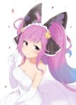  1girl bell breasts cleavage cleo_(dragalia_lost) closed_mouth commentary dragalia_lost dress elbow_gloves english_commentary gloves hair_ornament jalm jewelry jingle_bell large_breasts long_dress looking_at_viewer pink_eyes pink_hair ring smile solo twintails wedding_band wedding_dress white_gloves 
