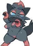  &gt;:&lt; absurd_res anthro anthrofied belly black_body black_fur black_pawpads blush body_blush breasts busty_feral butt featureless_crotch female feral fur hi_res looking_down narrowed_eyes neck_tuft nintendo nipples nude pawpads paws pok&eacute;mon pok&eacute;mon_(species) pok&eacute;morph pussy_blush semi-anthro short_stack simple_background sketch slightly_chubby solo standing thick_thighs tuft uyu video_games white_background wide_hips zorua 