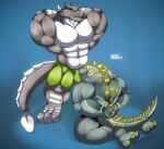  abs accessory anthro artist_name barazoku bdsm biceps big_muscles blue_eyes bondage bound bulge claws clothing cuff_(restraint) digital_media_(artwork) digitigrade dinosaur dominant dragon duo flexing grey_body grin handcuffs happy hekar hi_res kardukk kobold male male/male metal_cuffs multicolored_body muscular muscular_anthro muscular_male paws pecs reptile restraints scalie shaded signature smile spikes standing teasing teeth two_tone_body two_tone_tail underwear white_body 