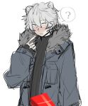  1boy ? animal_ears arknights bags_under_eyes bear_boy bear_ears bishounen chocolate fur_collar gift grey_eyes grey_hair highres jaye_(arknights) male_focus pointing pointing_at_self shirt short_hair simple_background sketch sleepy solo tired upper_body yukinohito_(koutyanomitai) 