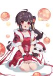  1girl :o absurdres ahoge ariakk bangs bear black_hair capelet chinese_commentary christmas commentary_request dress eyebrows_visible_through_hair fur-trimmed_capelet fur-trimmed_dress fur-trimmed_gloves fur_trim gloves hair_ornament hands_on_lap hat highres light_blush long_hair looking_at_viewer lucia_(punishing:_gray_raven) open_mouth polar_bear punishing:_gray_raven red_eyes santa_costume santa_dress santa_hat scarf seiza side_ponytail sidelocks sitting solo white_background 