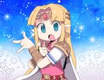  1girl bead_necklace beads blonde_hair blue_eyes cape circlet dokan_(dkn) dress earrings jewelry long_hair looking_at_viewer necklace open_mouth pink_dress pointy_ears princess_zelda simple_background solo sparkle the_legend_of_zelda triforce tsuki_ni_kawatte_oshioki_yo upper_body white_cape 