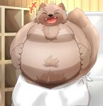  2022 anthro belly brown_body brown_fur canid canine canis cute_fangs detailed_background domestic_dog eyes_closed fur hi_res humanoid_hands inside kemono laugh male mammal moobs navel overweight overweight_male rito_suzume solo towel 