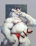  2020 5_fingers anthro asian_clothing balls biped censor_bar chest_markings claws clothing colored dragon east_asian_clothing fingers fundoshi fundoshi_only genitals grey_balls grey_body grey_penis grey_scales hi_res horn humanoid_hands japanese_clothing male markings musclegut muscular muscular_anthro muscular_male muscular_thighs navel nipples omochi_kuitai pecs penis red_clothing red_eyes red_fundoshi red_underwear scales scalie underwear yellow_sclera 