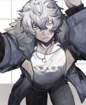  1boy animal_ears arknights bags_under_eyes bear_boy bear_ears bishounen fur_collar grey_eyes grey_hair highres jaye_(arknights) jewelry kanji looking_at_viewer male_focus necklace ring ring_necklace shirt short_hair simple_background sleepy solo sweat tired upper_body yukinohito_(koutyanomitai) 