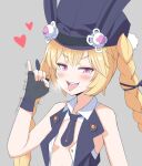  1girl blonde_hair blush braid character_request commentary english_commentary fellatio_gesture girls&#039;_frontline grey_background handjob_gesture hat heart jalm looking_at_viewer necktie short_necktie simple_background smile solo tongue tongue_out twin_braids vest 