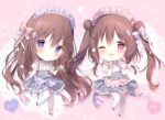  2girls :o ;d apron bangs blush brown_hair cake cake_slice chibi commentary_request double_bun eyebrows_visible_through_hair food frilled_apron frills fruit grey_skirt hair_between_eyes hair_ornament hairclip heart holding holding_tray long_hair looking_at_viewer maid maid_headdress multiple_girls one_eye_closed original outstretched_arm parted_lips pink_apron pink_background plate pleated_skirt puffy_short_sleeves puffy_sleeves purple_apron purple_eyes red_eyes shiratama_(shiratamaco) shirt short_sleeves skirt smile strawberry thighhighs tray twintails very_long_hair waist_apron white_legwear white_shirt wrist_cuffs x_hair_ornament 