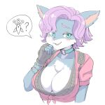  1girl :3 blue_eyes blush breasts choker cleavage fang furry furry_female jalm large_breasts looking_at_viewer o-ring o-ring_choker paladins pepper_(paladins) purple_hair red_shirt shirt short_sleeves simple_background smile solo tied_shirt upper_body white_background 