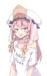  1girl :3 angelica_(epic_seven) blush bow braid epic_seven hair_bow heart heart-shaped_pupils jalm long_hair looking_at_viewer meme_attire pink_hair shirt short_sleeves side_braids simple_background smile smug solo symbol-shaped_pupils white_background white_hair white_shirt yellow_bow 
