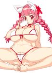  animal_ears bad_feet baozi bikini braid breasts cameltoe cat_ears cleavage fat_mons food front-tie_top hair_ribbon huge_breasts original pink_hair plump ribbon solo srco swimsuit twin_braids vrkdh 