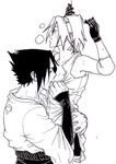  bike_shorts blush breast_grab breasts closed_eyes couple detached_sleeves eyes_closed gloves grabbing haruno_sakura headband heavy_breathing licking monochrome nami86 naruto open_clothes open_mouth open_shirt panting shirt short_hair sweat uchiha_sasuke 