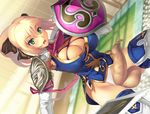  armpits blonde_hair breasts cassandra_alexandra cleavage elbow_gloves foreskin futanari gloves green_eyes large_breasts necktie open_mouth penis ponytail ribbon shield shoulder_pads solo soulcalibur soulcalibur_iv sword testicles thighhighs weapon white_gloves yn_red 
